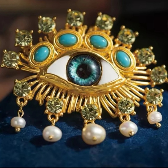 Anthropologie Hemlock Pearl Baroque Embellished Brown Eyes Brooch - Picture 4 of 14